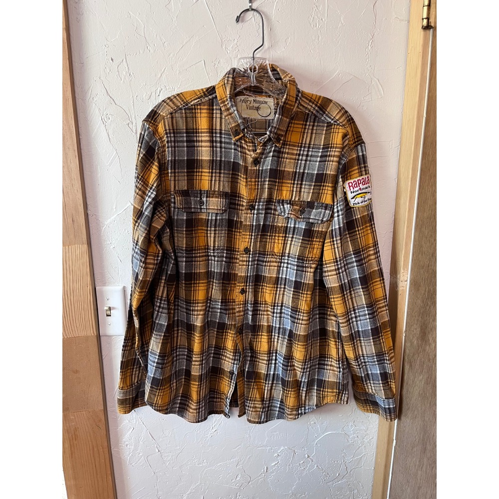 Mens Angry‎ Minnow Vintage Flannel Shirt Rapala Fishing L/G Yellow Brown Plaid